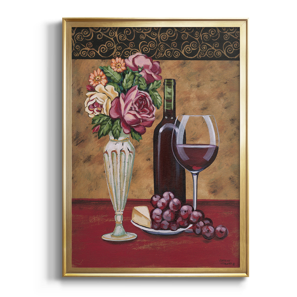 Vintage Flowers and Wine I - Modern Framed Canvas Print