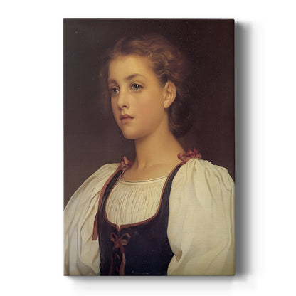 Canvas art print featuring a classical portrait of a young woman with soft features and warm tones on a clean white background.
