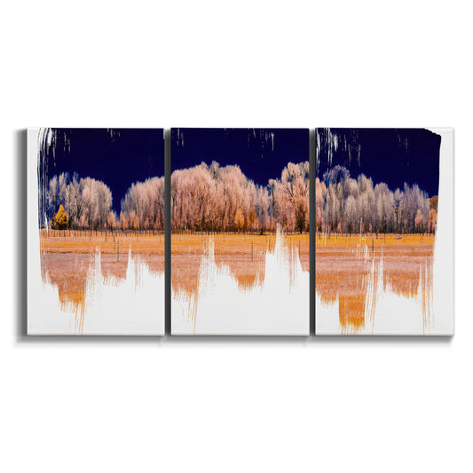 Three-panel canvas wall art featuring panoramic treeline landscape photograph on white background.