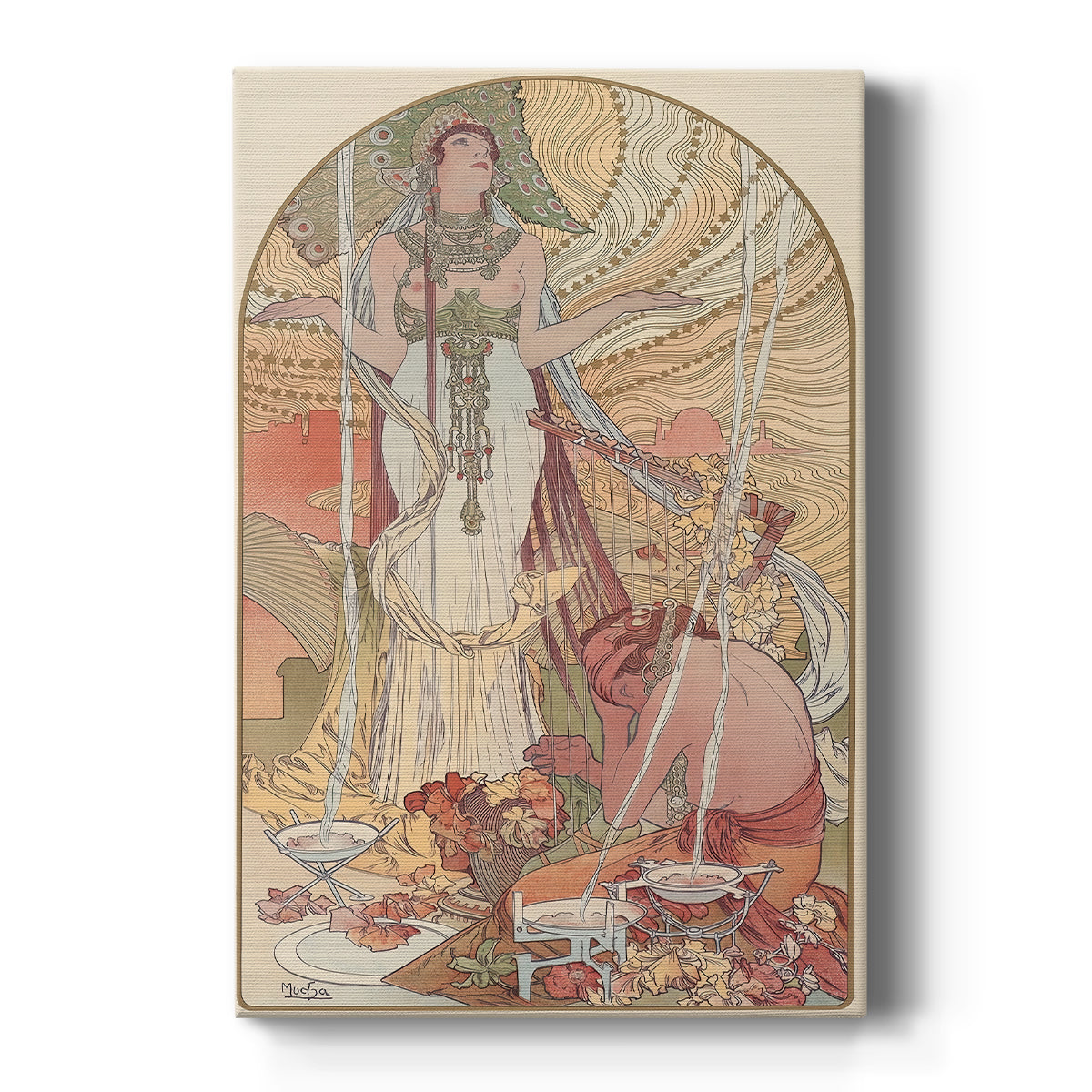 Canvas art print featuring an Art Nouveau illustration of a woman performing a ritual with ornate details on a clean white background.