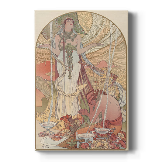 Canvas art print featuring an Art Nouveau illustration of a woman performing a ritual with ornate details on a clean white background.