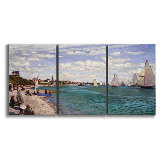Three-panel canvas wall art featuring river basin with boats on white background.