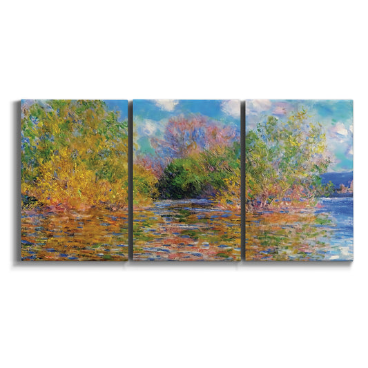 Three-panel canvas wall art featuring wide river landscape on white background.