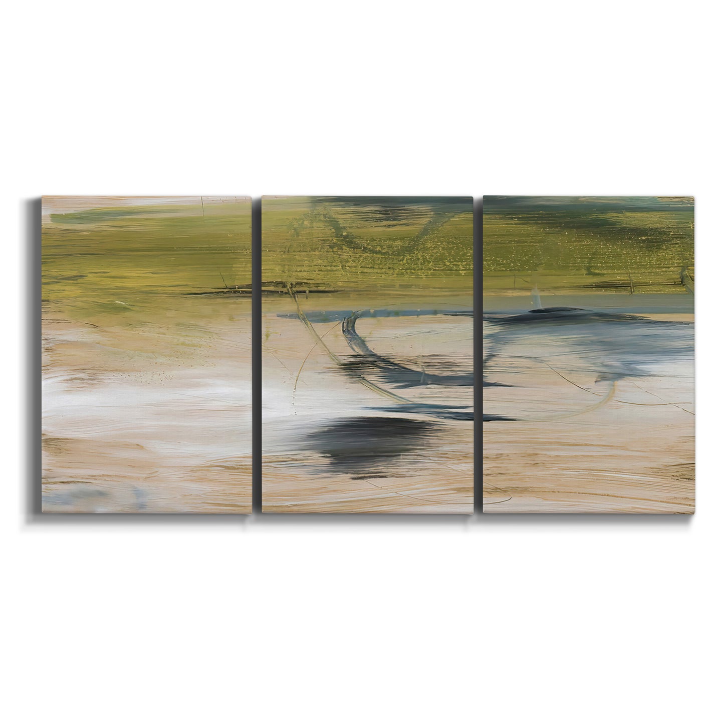 Three-panel canvas wall art featuring minimal abstract water reflections on white background.