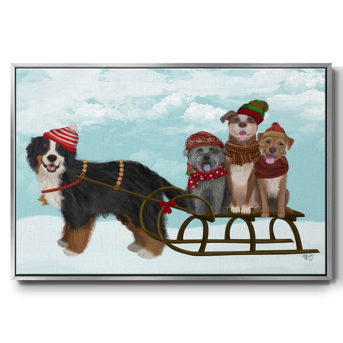 Christmas Mutt Sled - Floater Framed Canvas Print