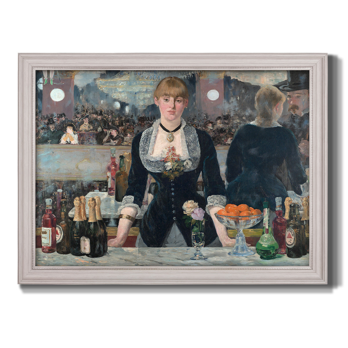 Iconic impressionist café bar scene by Édouard Manet printed on canvas in an ornate weathered white frame.