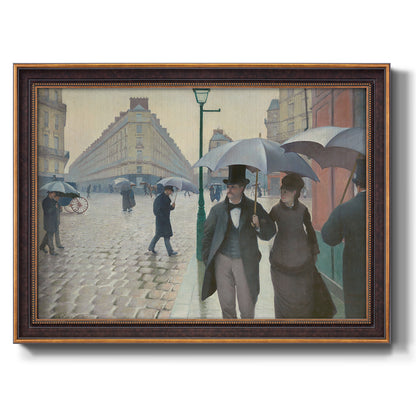Impressionist urban street scene in the rain by Gustave Caillebotte printed on canvas in an ornate bronzed mahogany wood frame.
