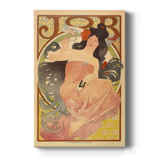 Canvas art print featuring an Art Nouveau poster of a woman with flowing hair and cigarette branding text on a clean white background.