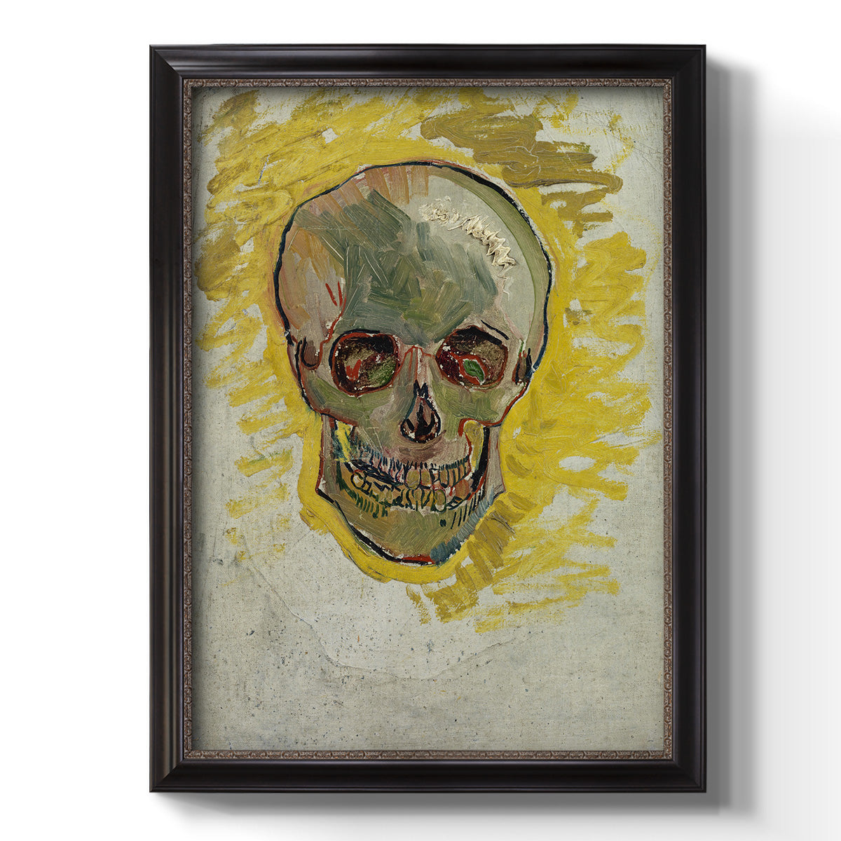 Expressive skull study painting by Vincent van Gogh printed on canvas in an ornate bronzed mahogany wood frame with a vertical orientation.