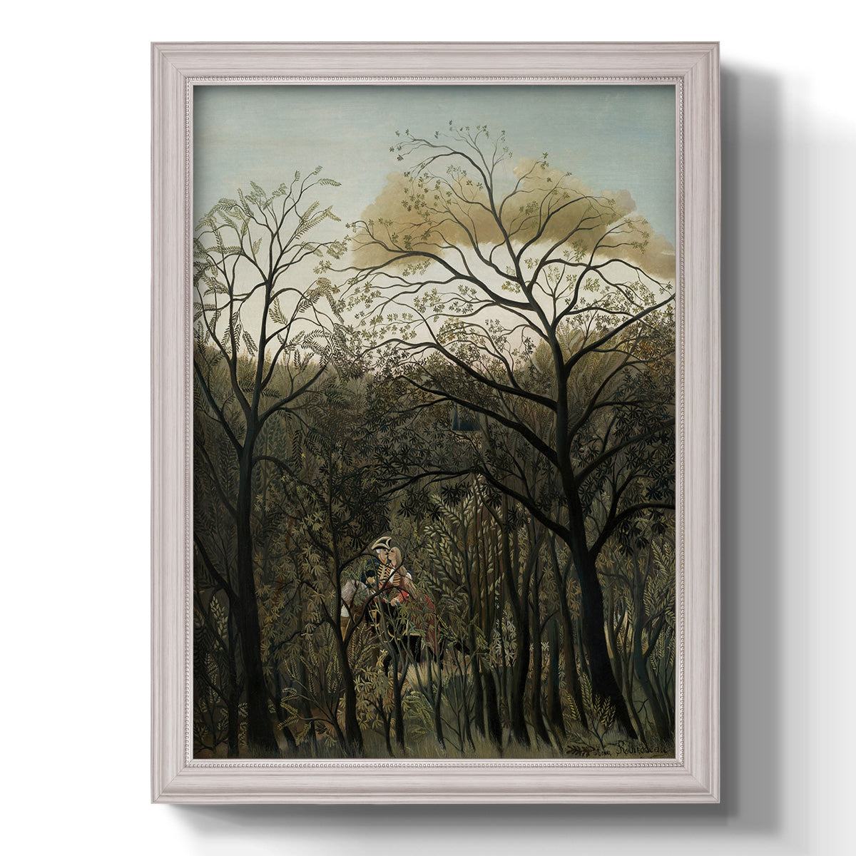 Dreamlike forest landscape scene by Henri Rousseau printed on canvas in an ornate weathered white frame with a vertical orientation.