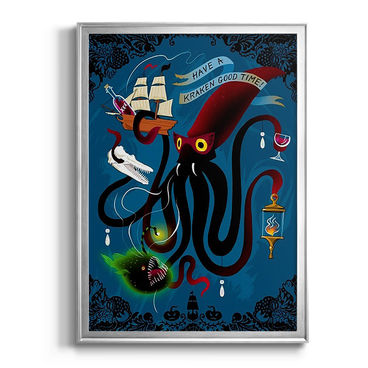 Spooky Cephalopod Chandeliers II - Modern Framed Canvas Print