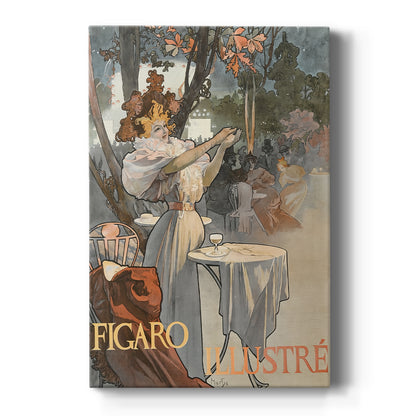 Canvas art print featuring an Art Nouveau poster of a woman with ornate details and magazine typography on a clean white background.