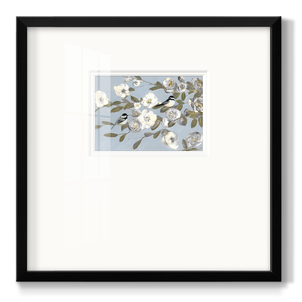 Chickadees and Blossoms I Premium Framed Print Double Matboard