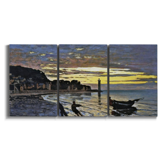 Three-panel canvas wall art featuring river at dusk with fading light on white background.