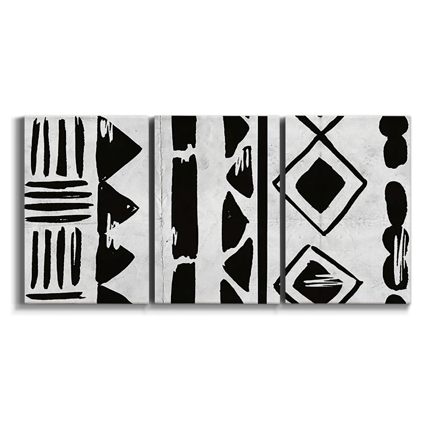 Three-panel canvas wall art featuring geometric abstract forms merging pattern on white background.