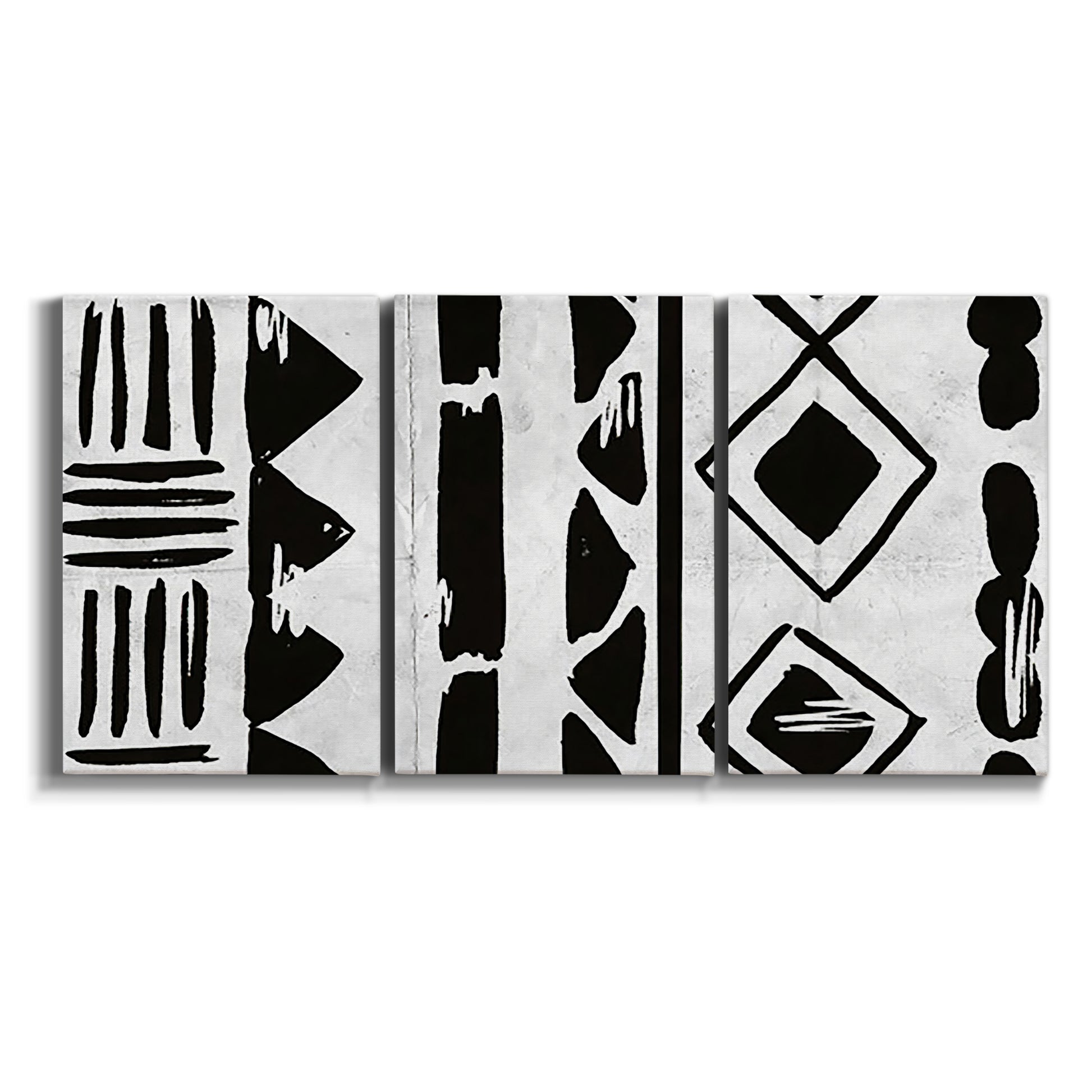 Three-panel canvas wall art featuring geometric abstract forms merging pattern on white background.