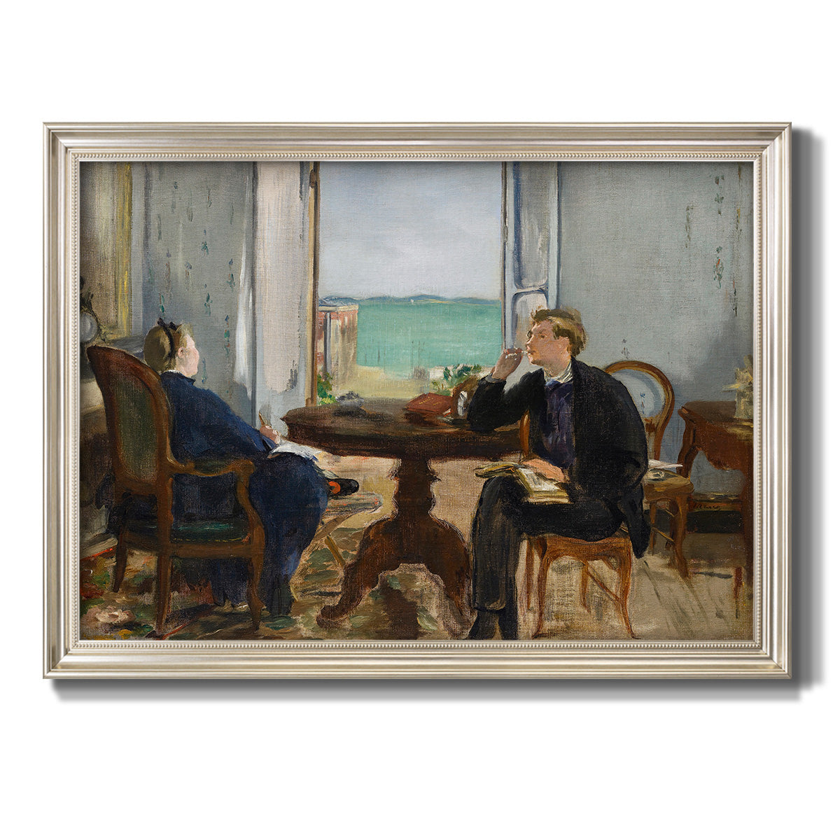 Impressionist interior scene by Édouard Manet printed on canvas in an ornate champagne frame.