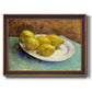 Impressionist still life with lemons by Vincent van Gogh printed on canvas in an ornate bronzed mahogany wood frame.