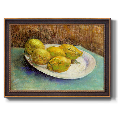 Impressionist still life with lemons by Vincent van Gogh printed on canvas in an ornate bronzed mahogany wood frame.