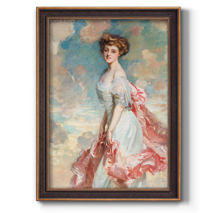 Society portrait of a young woman by John Singer Sargent printed on canvas in an ornate weathered white frame with a vertical orientation.