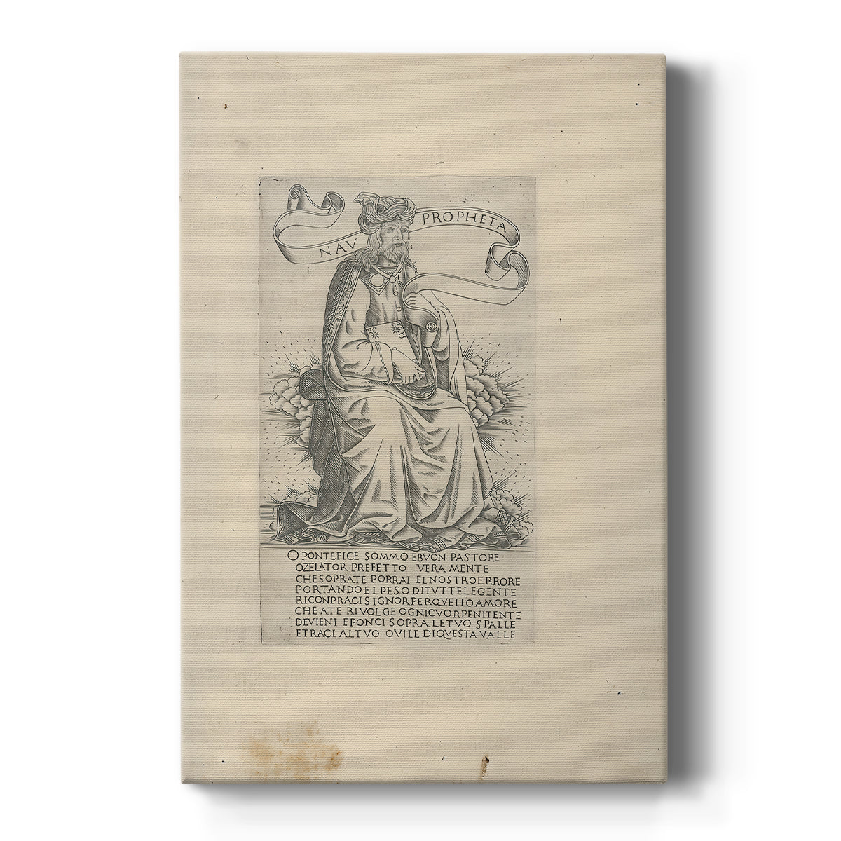 Canvas art print featuring a monochrome engraving of a seated prophet with intricate lines on a clean white background.