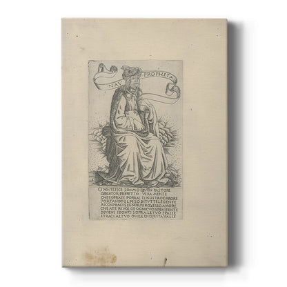 Canvas art print featuring a monochrome engraving of a seated prophet with intricate lines on a clean white background.