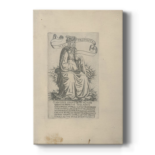 Canvas art print featuring a monochrome engraving of a seated prophet with intricate lines on a clean white background.