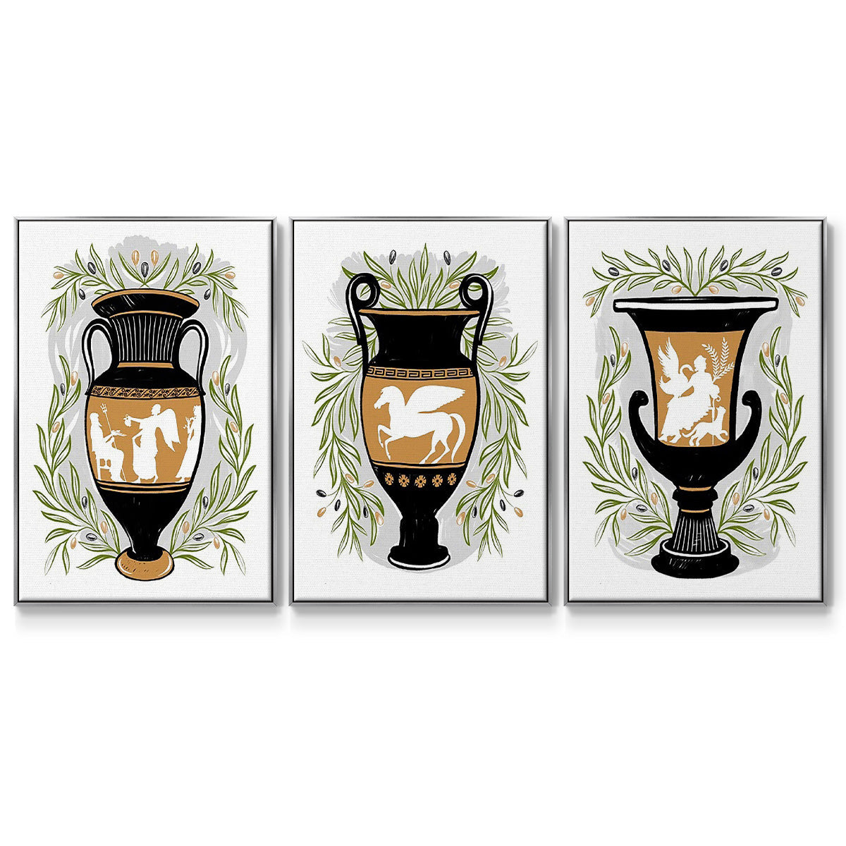 Greek Vases I - Framed Premium Gallery Wrapped Canvas L Frame 3 Piece Set - Ready to Hang