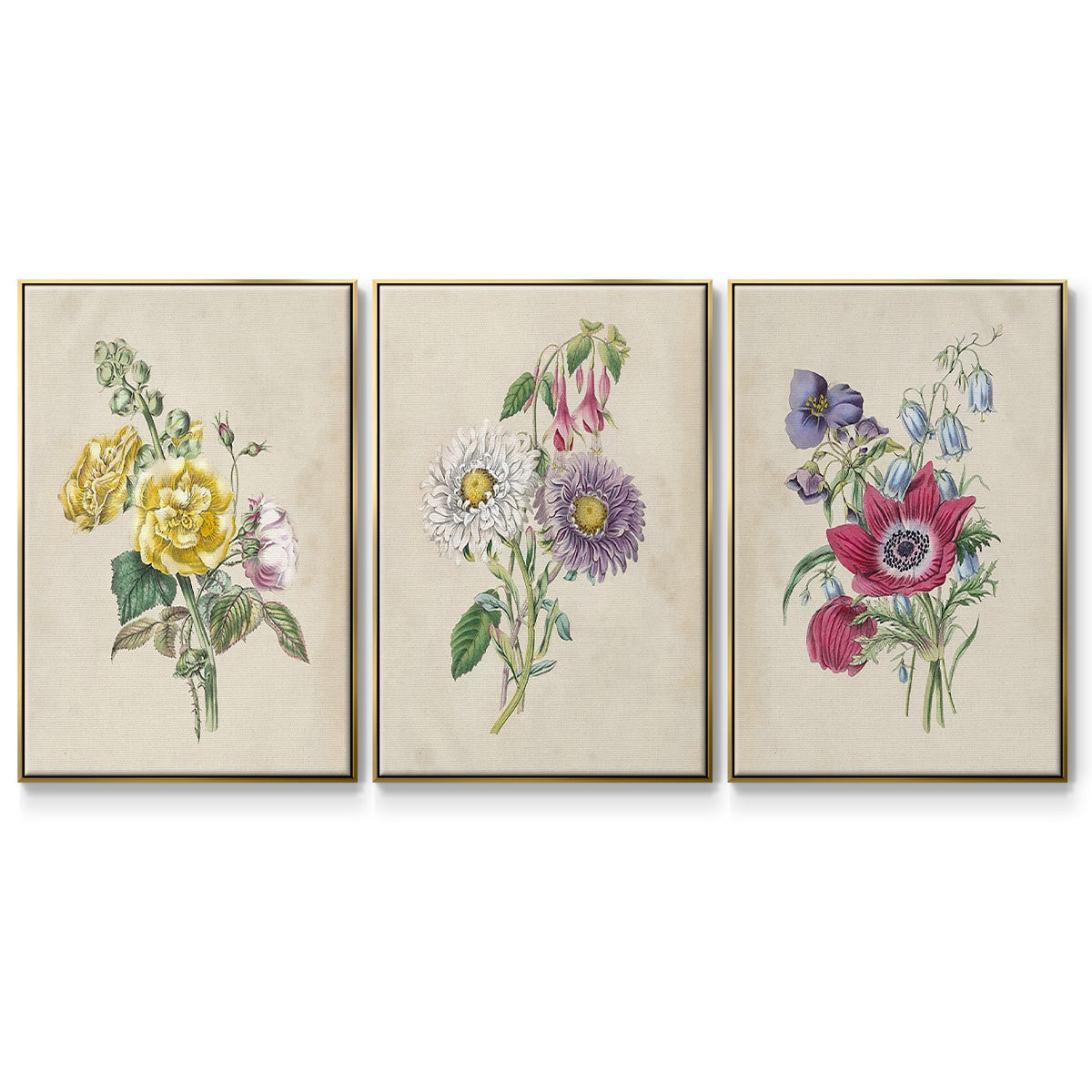 Antique Garden Bouquet I - Framed Premium Gallery Wrapped Canvas L Frame 3 Piece Set - Ready to Hang