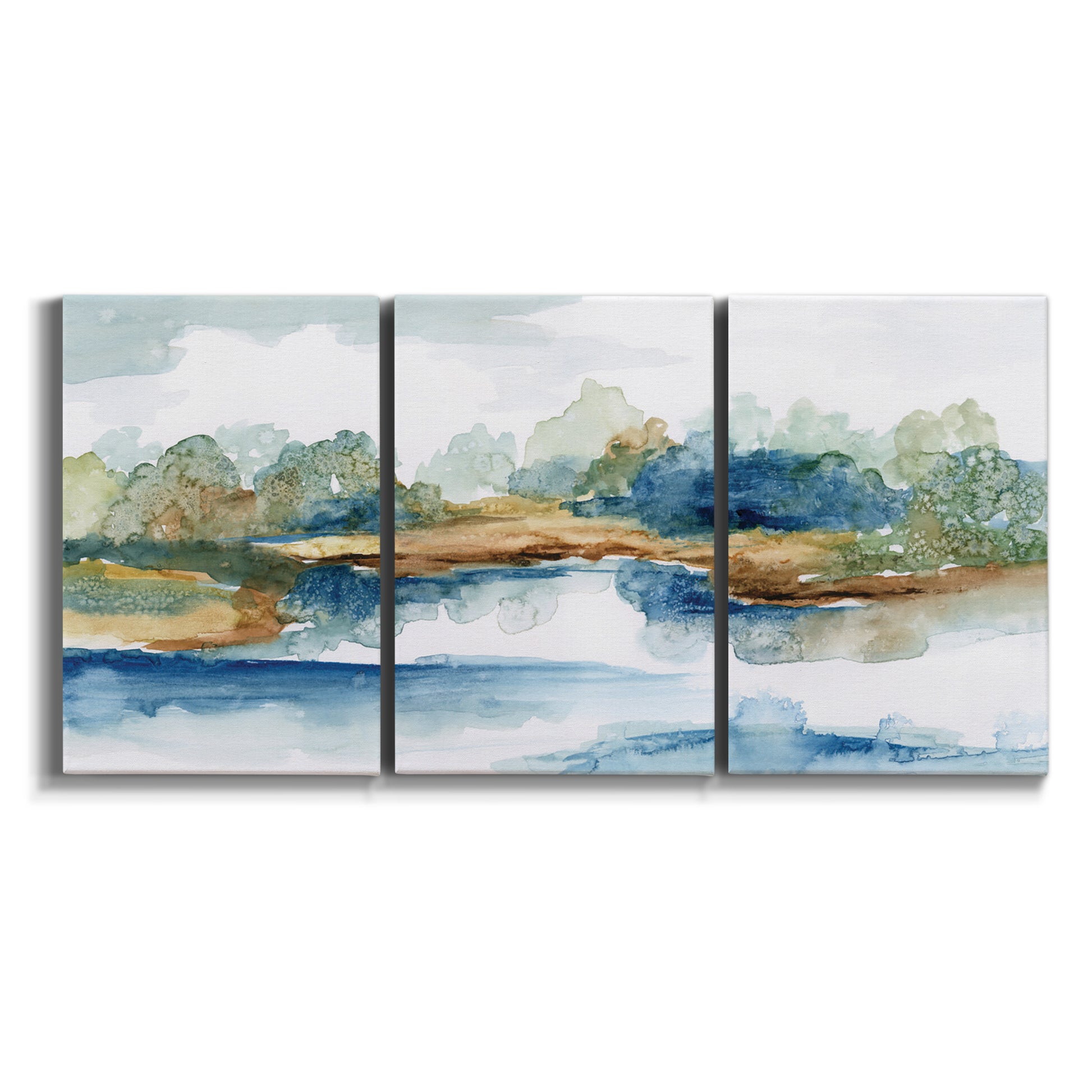 Three-panel canvas wall art featuring abstract blue watercolor landscape on white background.