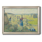 Impressionist rural hay harvest landscape by Camille Pissarro printed on canvas in an ornate champagne frame.