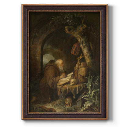 Intimate genre portrait of a hermit by Gerrit Dou printed on canvas in an ornate bronzed mahogany wood frame with a vertical orientation.
