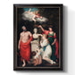Classical allegorical painting honoring Linnaeus by Robert John Thornton printed on canvas in an ornate black frame with gilded inner detail with a vertical orientation.