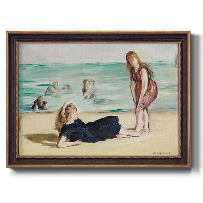 Impressionist beach leisure scene by Édouard Manet printed on canvas in an ornate bronzed mahogany wood frame.