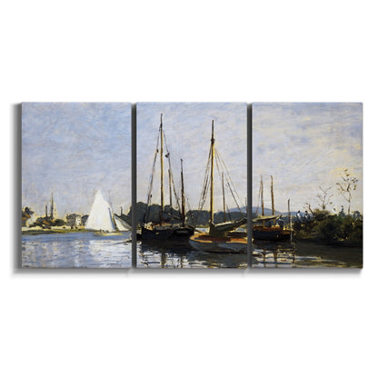 Three-panel canvas wall art featuring small pleasure boats on calm water on white background.