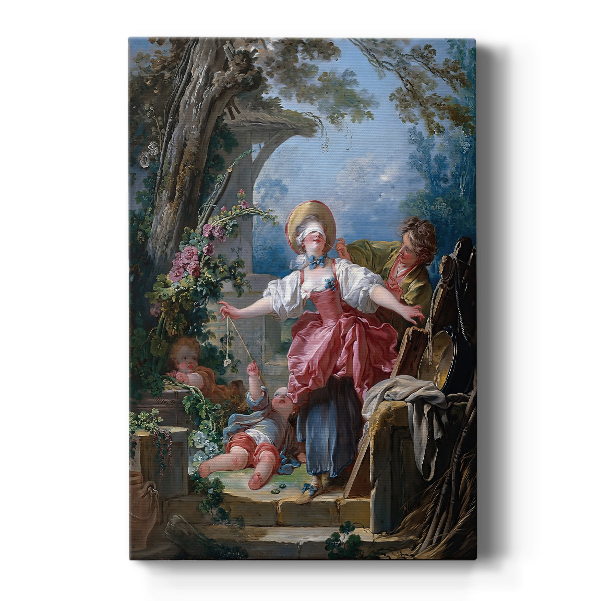 Canvas art print featuring a Rococo garden scene of figures playing a game of courtship in a lively setting on a clean white background.