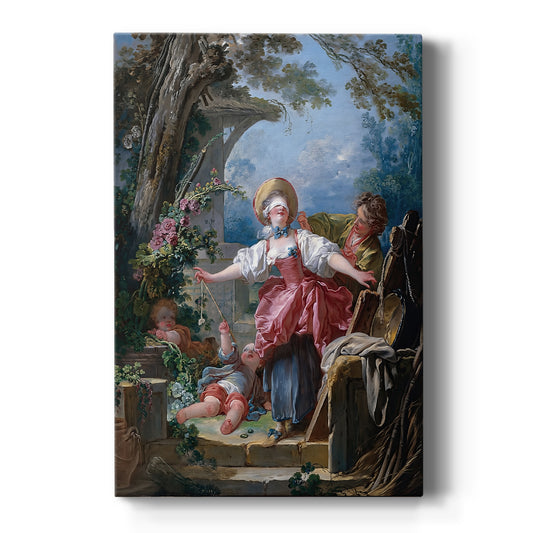 Canvas art print featuring a Rococo garden scene of figures playing a game of courtship in a lively setting on a clean white background.