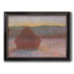 Impressionist haystack sunset scene in winter by Claude Monet printed on canvas in an ornate black frame with gilded inner detail.