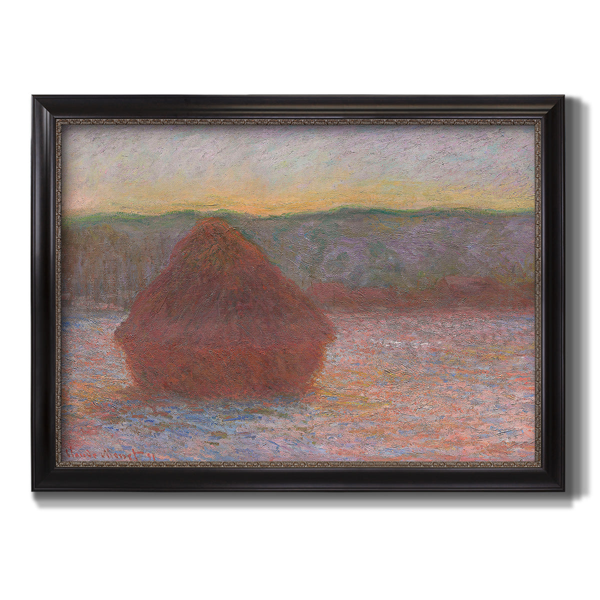Impressionist haystack sunset scene in winter by Claude Monet printed on canvas in an ornate black frame with gilded inner detail.