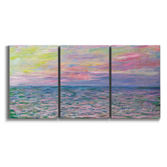 Three-panel canvas wall art featuring sunset reflections across calm sea on white background.