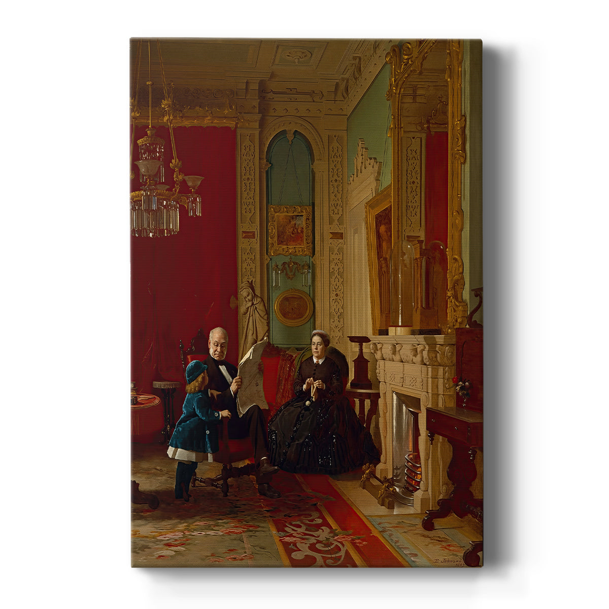 Canvas art print featuring a realistic group portrait of a family gathered in an interior setting on a clean white background.