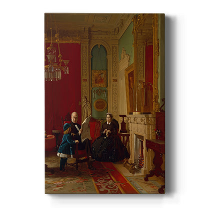 Canvas art print featuring a realistic group portrait of a family gathered in an interior setting on a clean white background.