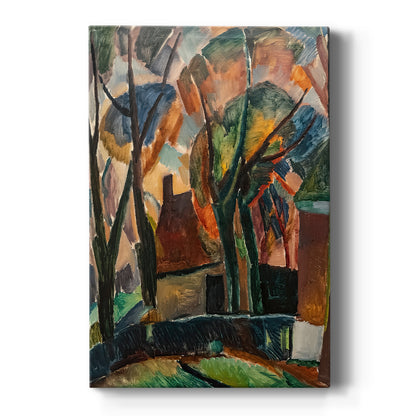 Canvas art print featuring an expressionist landscape of a farm with bold color and angular forms on a clean white background.