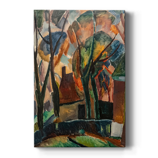 Canvas art print featuring an expressionist landscape of a farm with bold color and angular forms on a clean white background.