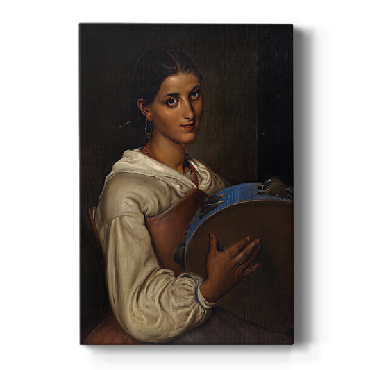 Canvas art print featuring a portrait of a young woman holding a tambourine with soft light on a clean white background.