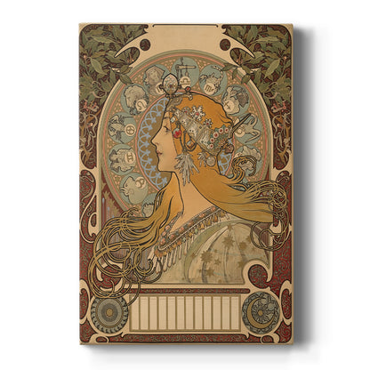 Canvas art print featuring an Art Nouveau illustration of a woman surrounded by zodiac symbols and ornate details on a clean white background.