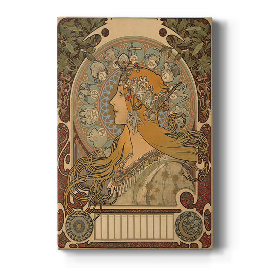 Canvas art print featuring an Art Nouveau illustration of a woman surrounded by zodiac symbols and ornate details on a clean white background.