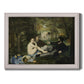 Groundbreaking impressionist picnic scene by Édouard Manet printed on canvas in an ornate weathered white frame.