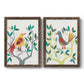 Set of two walnut barnwood framed canvas prints featuring two modern folk-art bird illustrations featuring stylized colorful birds perched among leafy branches.