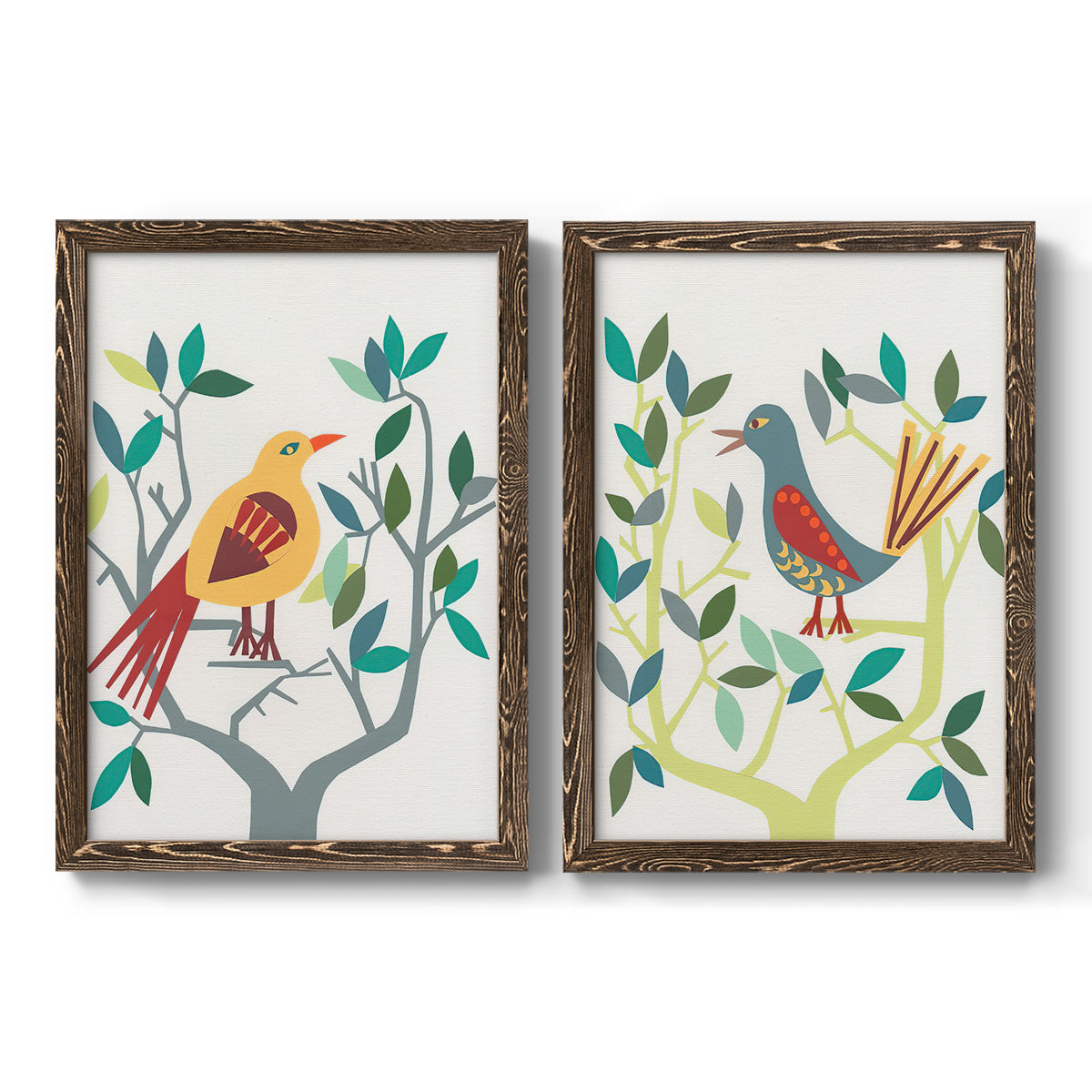 Set of two walnut barnwood framed canvas prints featuring two modern folk-art bird illustrations featuring stylized colorful birds perched among leafy branches.